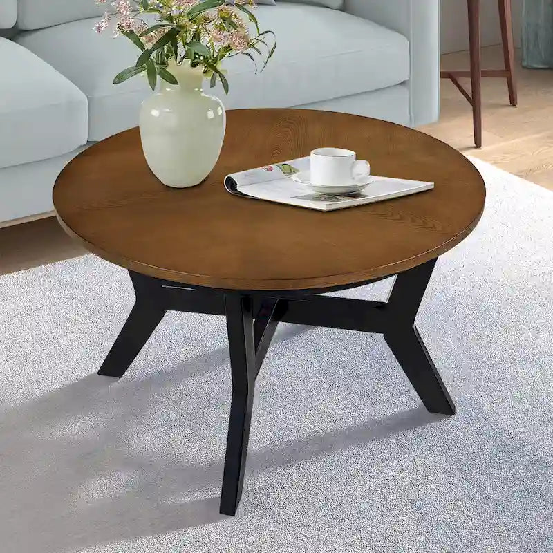 32inch runder Couchtisch aus Holz für das Wohnzimmer, runder Couchtisch aus Holz im Mid-Century-Bauernhausstil für Wohnungen, einfache Montage