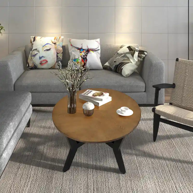 32inch runder Couchtisch aus Holz für das Wohnzimmer, runder Couchtisch aus Holz im Mid-Century-Bauernhausstil für Wohnungen, einfache Montage
