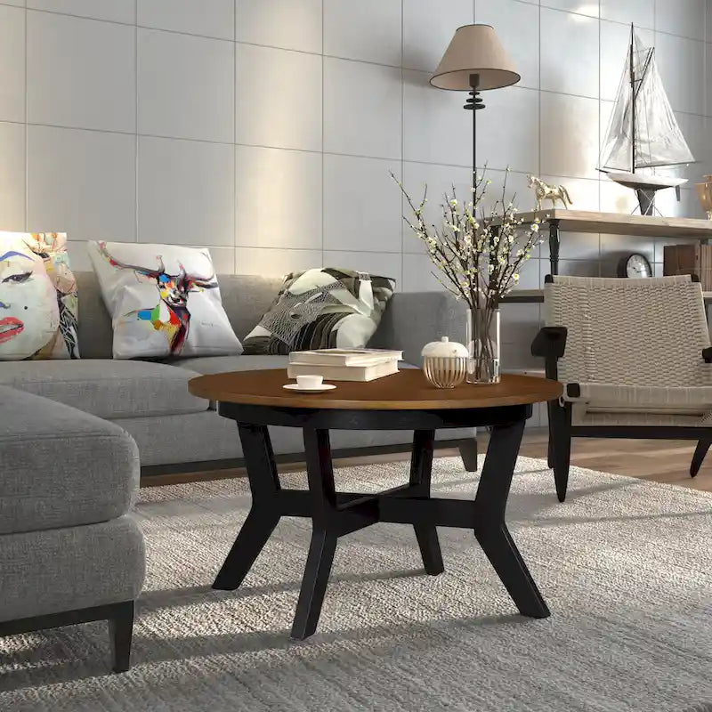 32inch runder Couchtisch aus Holz für das Wohnzimmer, runder Couchtisch aus Holz im Mid-Century-Bauernhausstil für Wohnungen, einfache Montage