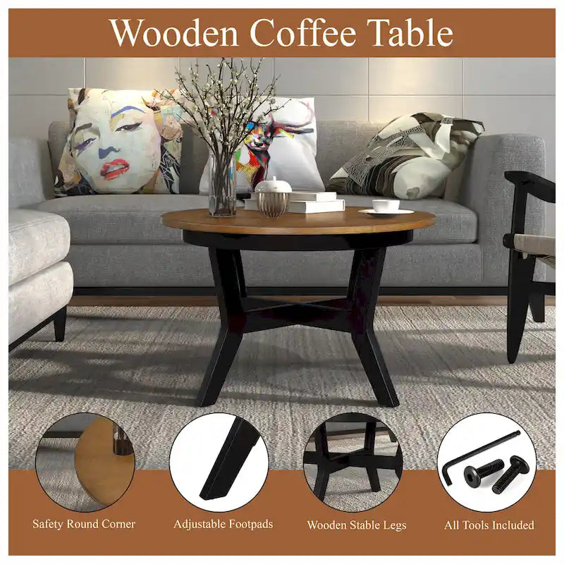 32inch runder Couchtisch aus Holz für das Wohnzimmer, runder Couchtisch aus Holz im Mid-Century-Bauernhausstil für Wohnungen, einfache Montage