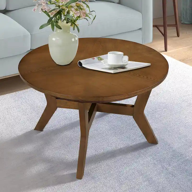 32inch runder Couchtisch aus Holz für das Wohnzimmer, runder Couchtisch aus Holz im Mid-Century-Bauernhausstil für Wohnungen, einfache Montage