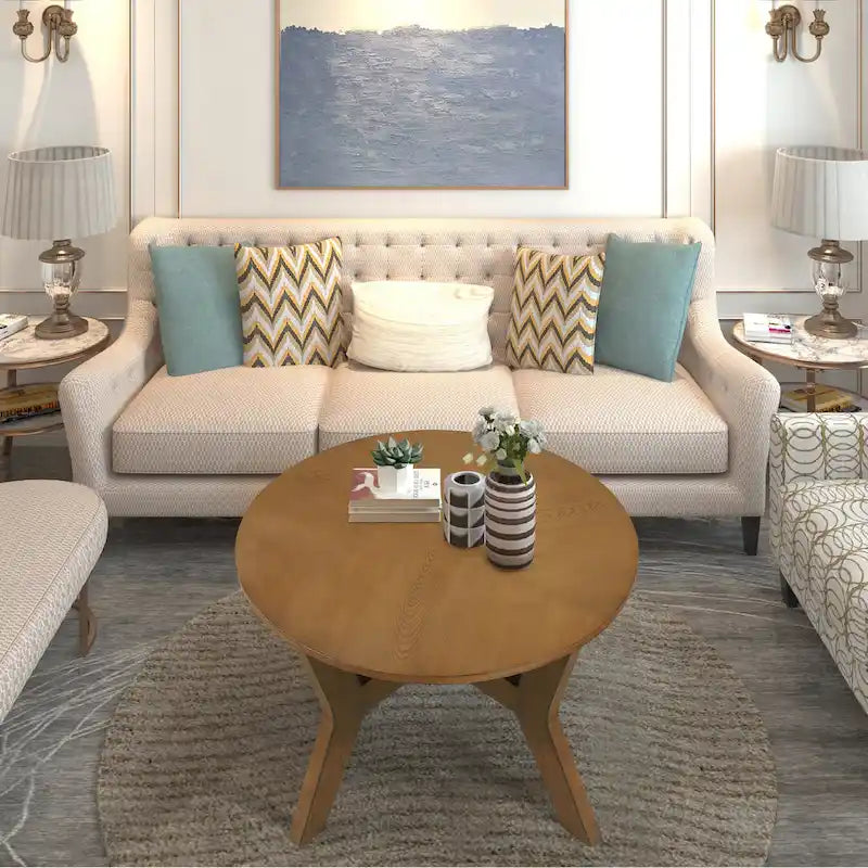 32inch runder Couchtisch aus Holz für das Wohnzimmer, runder Couchtisch aus Holz im Mid-Century-Bauernhausstil für Wohnungen, einfache Montage