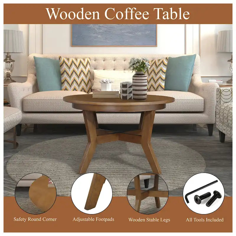 32inch runder Couchtisch aus Holz für das Wohnzimmer, runder Couchtisch aus Holz im Mid-Century-Bauernhausstil für Wohnungen, einfache Montage