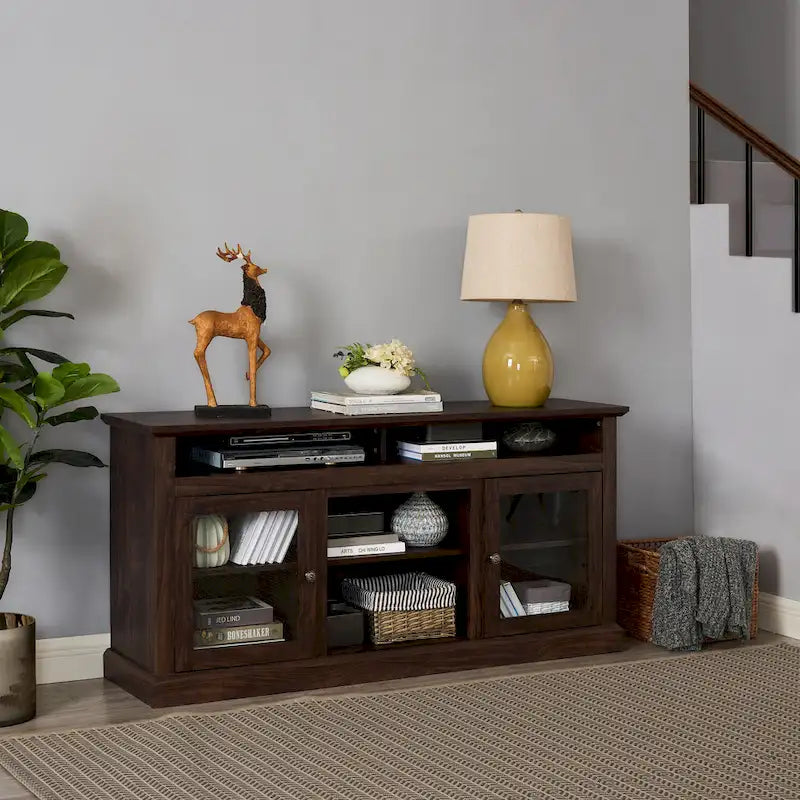 Modern TV Stand Media Stand Modern Entertainment Console for TV Up to 65 with Glass Door Open and Closed Storage Space