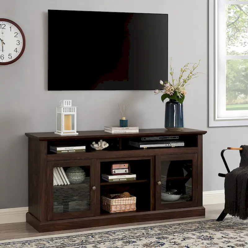 Moderner TV-Ständer, Medienmöbel und Entertainment-Konsole für Fernseher bis zu 65 mit Glastür sowie offenem und geschlossenem Stauraum