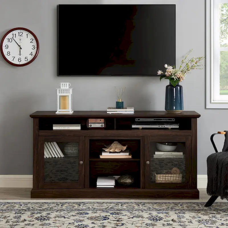 Moderner TV-Ständer, Medienmöbel und Entertainment-Konsole für Fernseher bis zu 65 mit Glastür sowie offenem und geschlossenem Stauraum