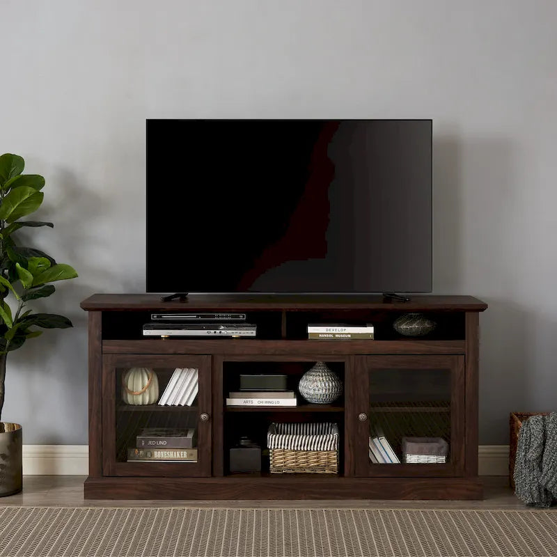 Moderner TV-Ständer, Medienmöbel und Entertainment-Konsole für Fernseher bis zu 65 mit Glastür sowie offenem und geschlossenem Stauraum