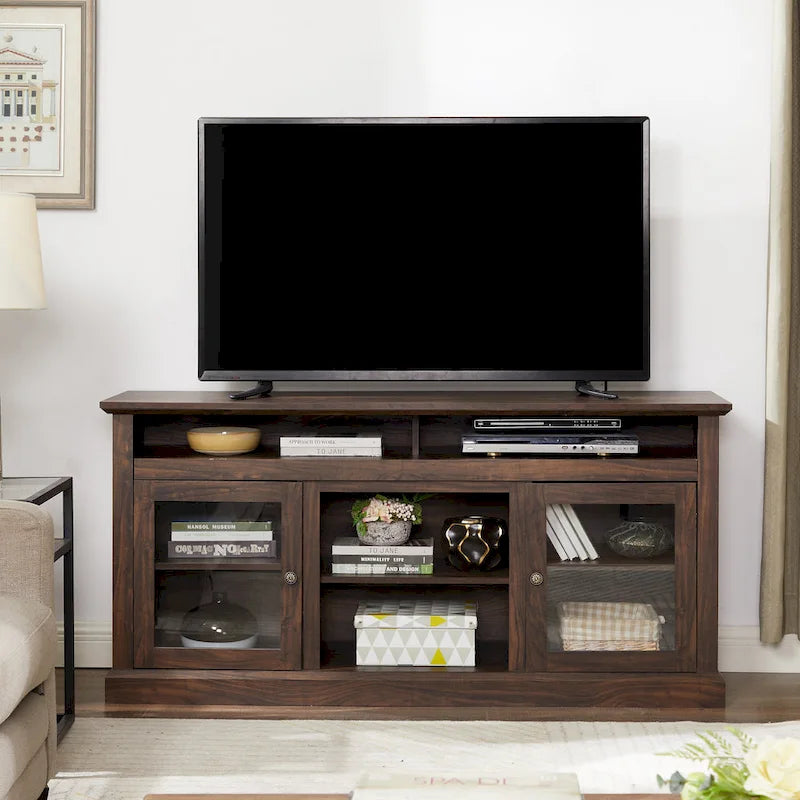 Moderner TV-Ständer, Medienmöbel und Entertainment-Konsole für Fernseher bis zu 65 mit Glastür sowie offenem und geschlossenem Stauraum