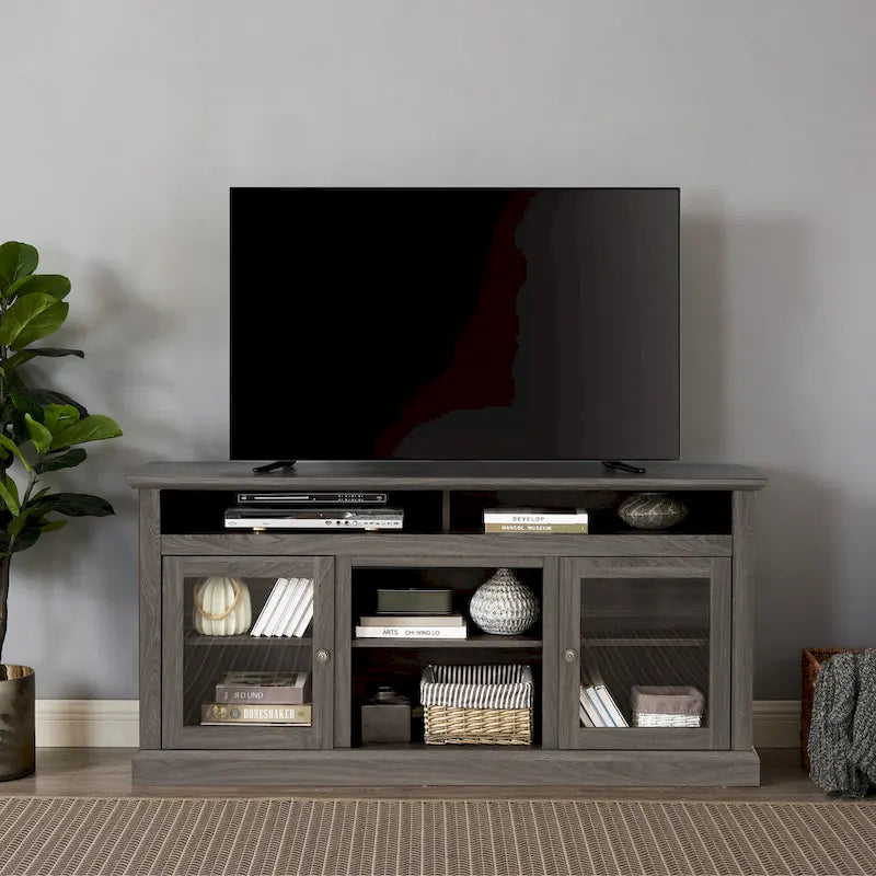 Moderner TV-Ständer, Medienmöbel und Entertainment-Konsole für Fernseher bis zu 65 mit Glastür sowie offenem und geschlossenem Stauraum