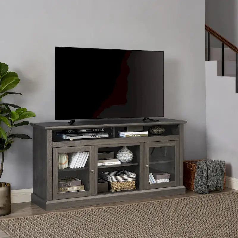 Moderner TV-Ständer, Medienmöbel und Entertainment-Konsole für Fernseher bis zu 65 mit Glastür sowie offenem und geschlossenem Stauraum