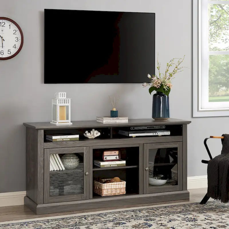 Moderner TV-Ständer, Medienmöbel und Entertainment-Konsole für Fernseher bis zu 65 mit Glastür sowie offenem und geschlossenem Stauraum