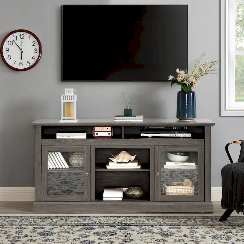 Moderner TV-Ständer, Medienmöbel und Entertainment-Konsole für Fernseher bis zu 65 mit Glastür sowie offenem und geschlossenem Stauraum