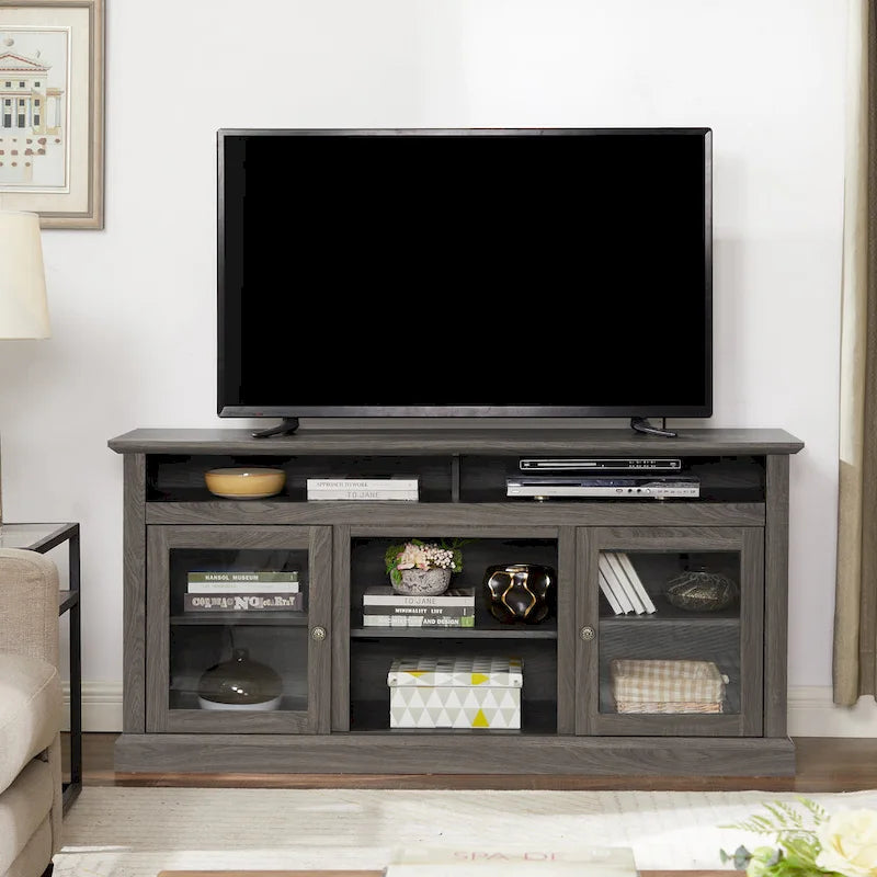 Moderner TV-Ständer, Medienmöbel und Entertainment-Konsole für Fernseher bis zu 65 mit Glastür sowie offenem und geschlossenem Stauraum