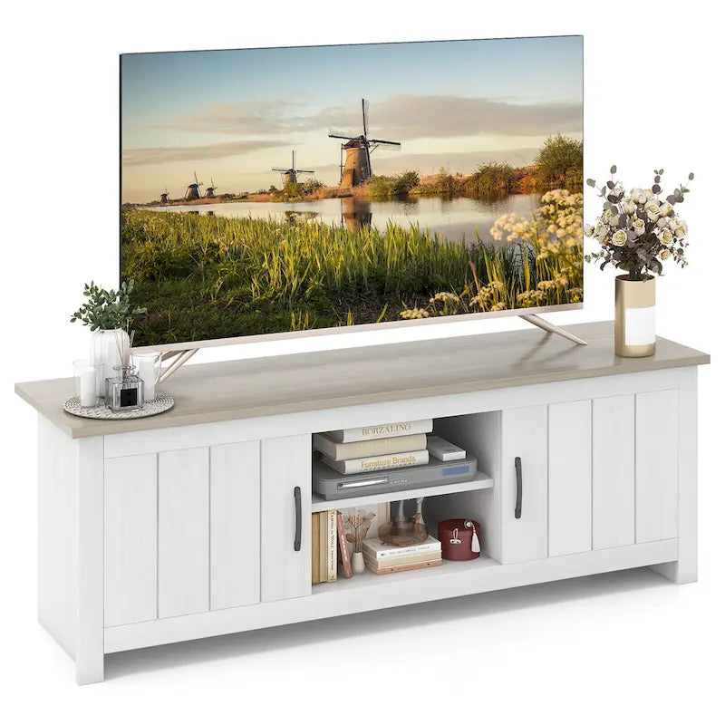 Farmhouse TV Stand for TVs up to 65" with Open Shelves and Cabinets