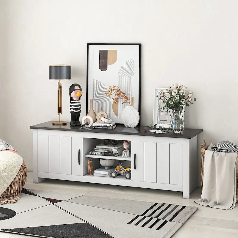 Farmhouse TV Stand for TVs up to 65" with Open Shelves and Cabinets