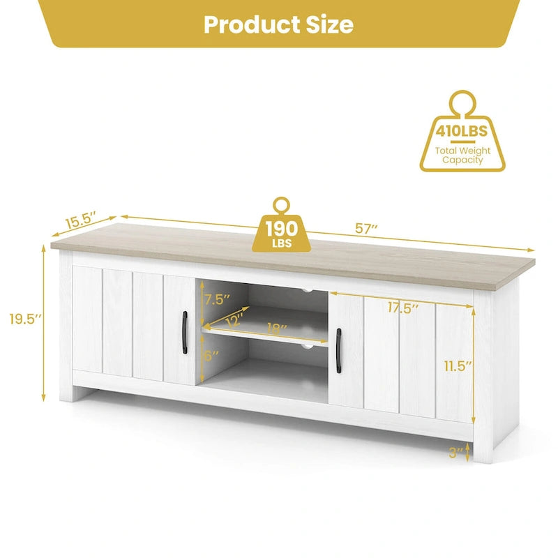 Farmhouse TV Stand for TVs up to 65" with Open Shelves and Cabinets