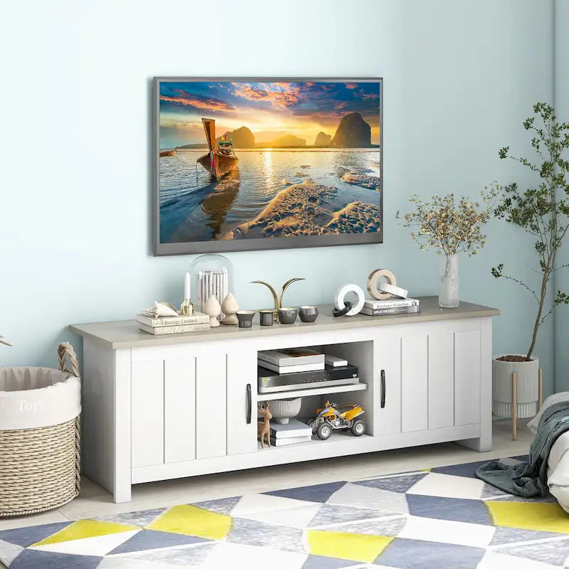 Farmhouse TV Stand for TVs up to 65" with Open Shelves and Cabinets