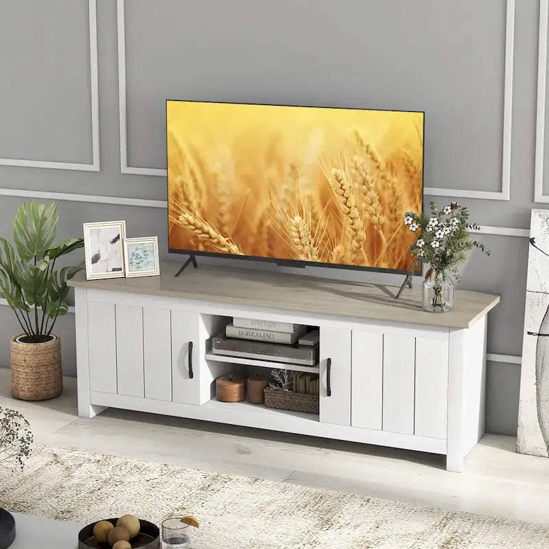 TV-Möbel im Landhausstil für Fernseher bis 65" mit offenen Ablagen und Schränken