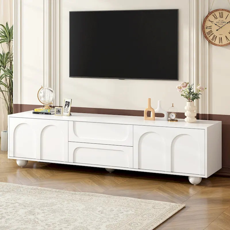 Moderner TV-Ständer mit Stauraum, 2 Klapptüren, 2 Schubladen und 5 runden Beinen für Wohnzimmer und Schlafzimmer