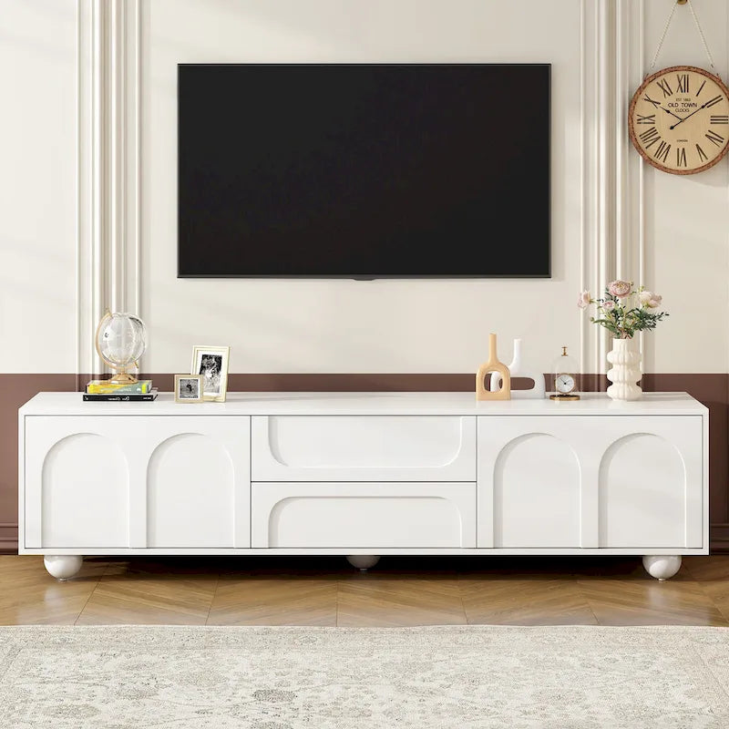 Moderner TV-Ständer mit Stauraum, 2 Klapptüren, 2 Schubladen und 5 runden Beinen für Wohnzimmer und Schlafzimmer