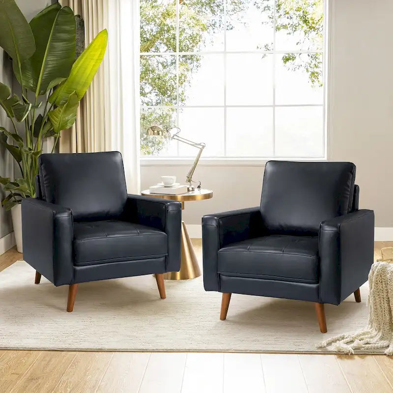 Mid-Century Genuine Leather Arm Chair (Set of 2)