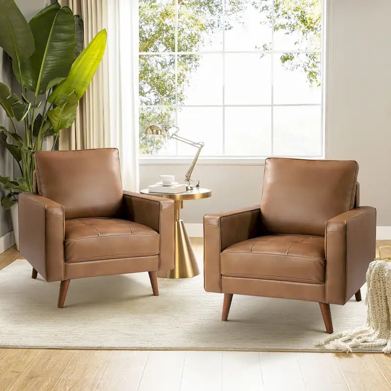 Mid-Century Genuine Leather Arm Chair (Set of 2)
