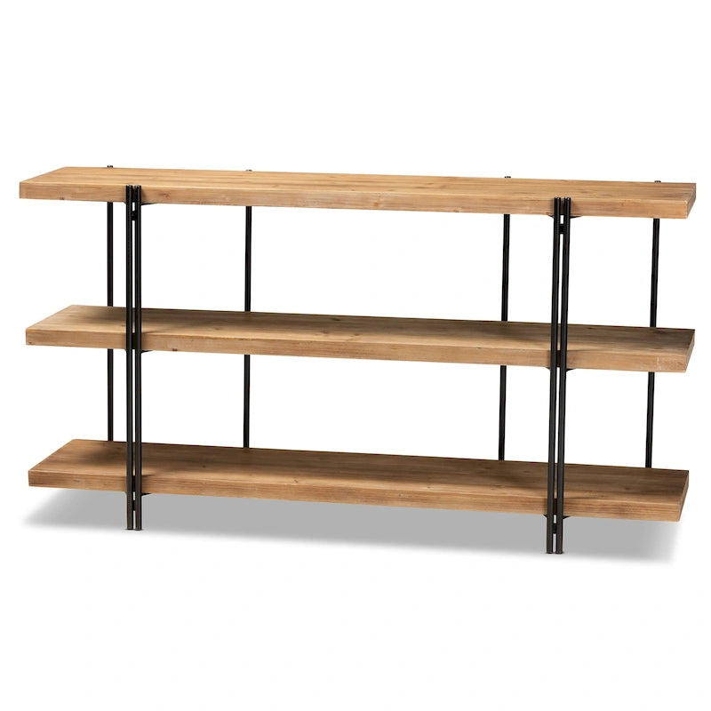 Brown Wood and Black Metal Console Table, 3 Shelves - 60W x 13.8D x 31.5H