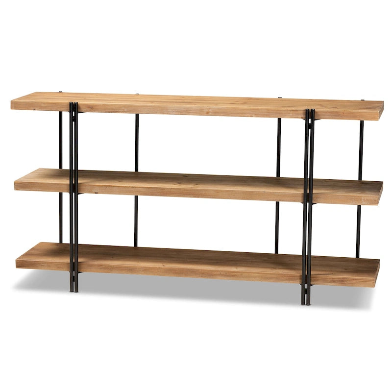 Brown Wood and Black Metal Console Table, 3 Shelves - 60W x 13.8D x 31.5H