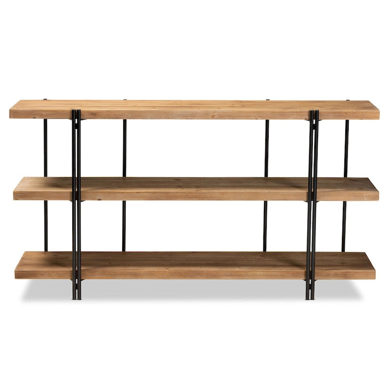 Brown Wood and Black Metal Console Table, 3 Shelves - 60W x 13.8D x 31.5H