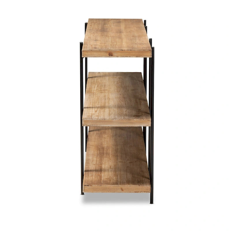 Brown Wood and Black Metal Console Table, 3 Shelves - 60W x 13.8D x 31.5H