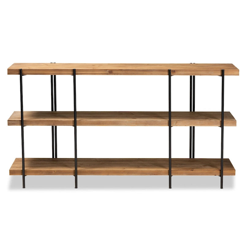 Brown Wood and Black Metal Console Table, 3 Shelves - 60W x 13.8D x 31.5H