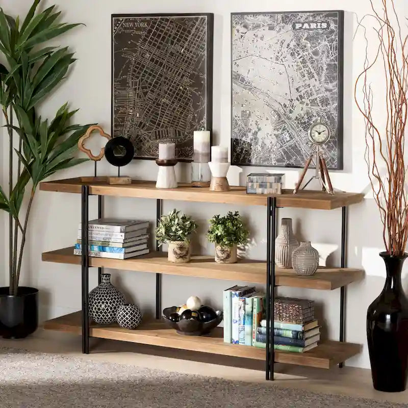 Brown Wood and Black Metal Console Table, 3 Shelves - 60W x 13.8D x 31.5H