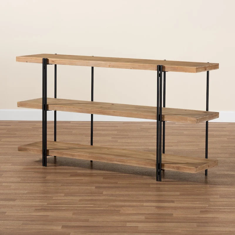 Brown Wood and Black Metal Console Table, 3 Shelves - 60W x 13.8D x 31.5H