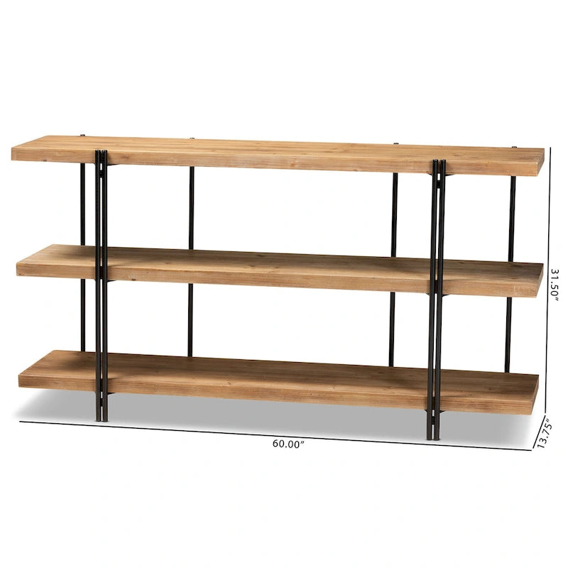 Brown Wood and Black Metal Console Table, 3 Shelves - 60W x 13.8D x 31.5H
