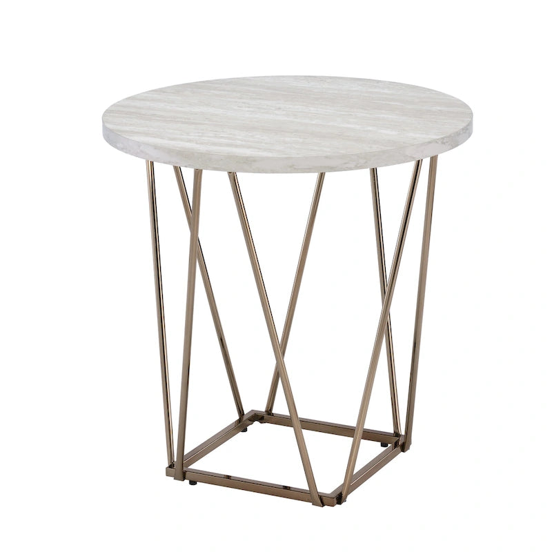 Faux Marble Top Side Table with Hexagonal Metal Base