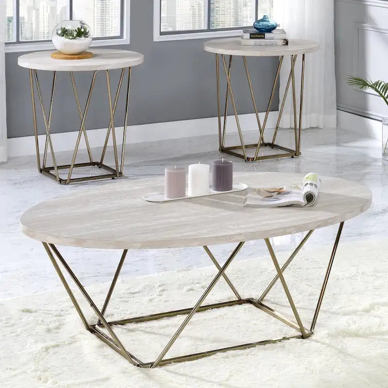 Faux Marble Top Side Table with Hexagonal Metal Base