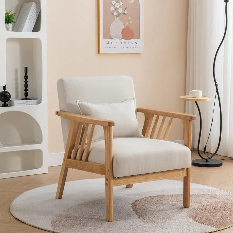 Mid Century Boucle Upholstered Solid Wood Accent Armchair with Pillow