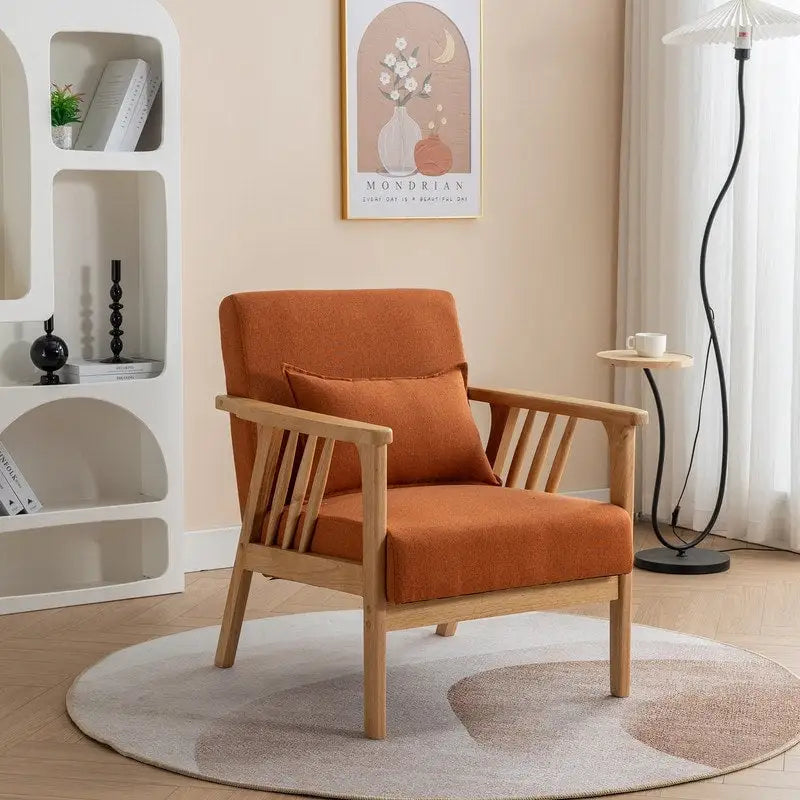 Mid Century Boucle Upholstered Solid Wood Accent Armchair with Pillow