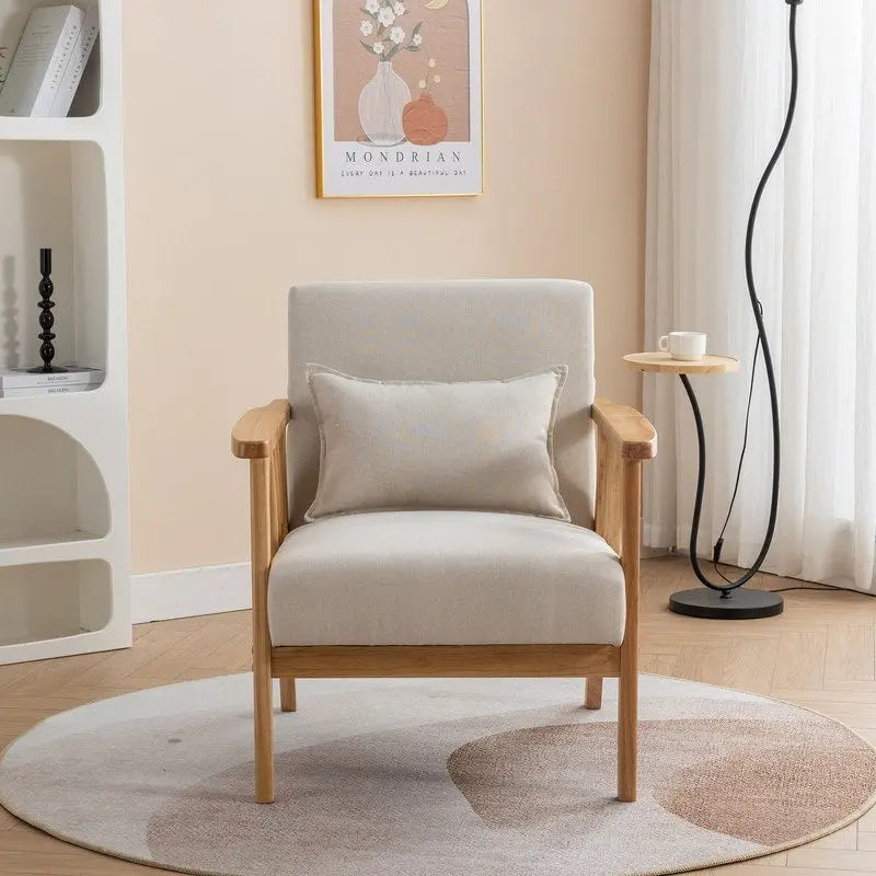 Mid Century Boucle Upholstered Solid Wood Accent Armchair with Pillow