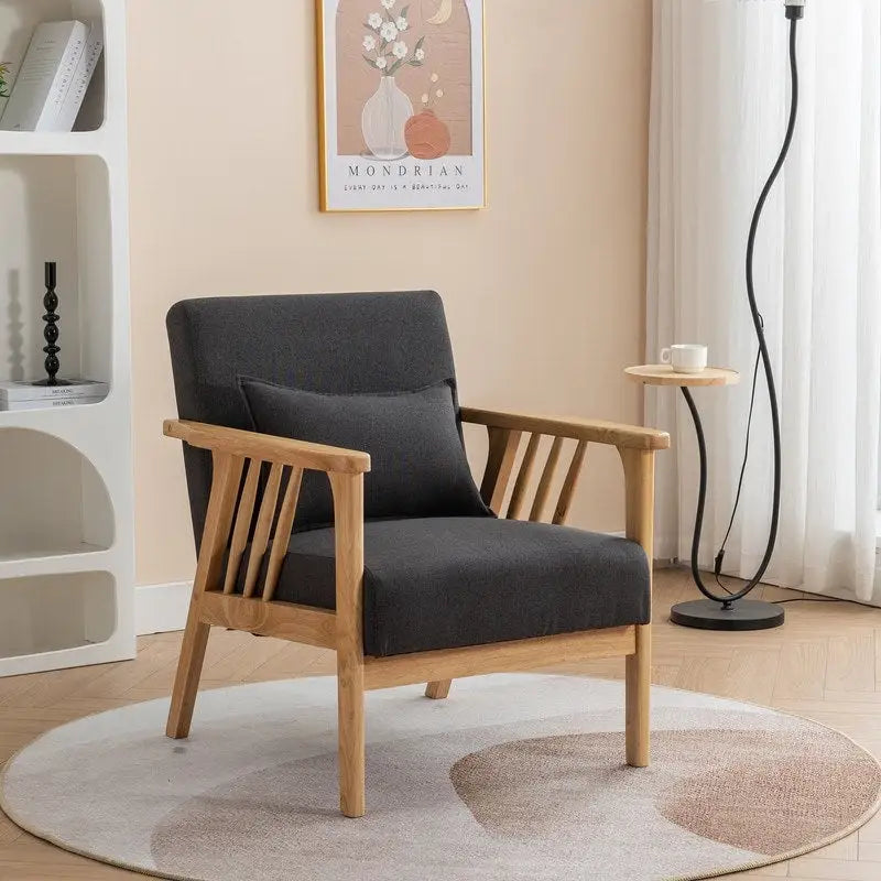 Mid Century Boucle Upholstered Solid Wood Accent Armchair with Pillow
