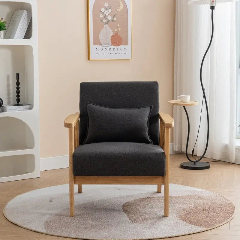 Mid Century Boucle Upholstered Solid Wood Accent Armchair with Pillow