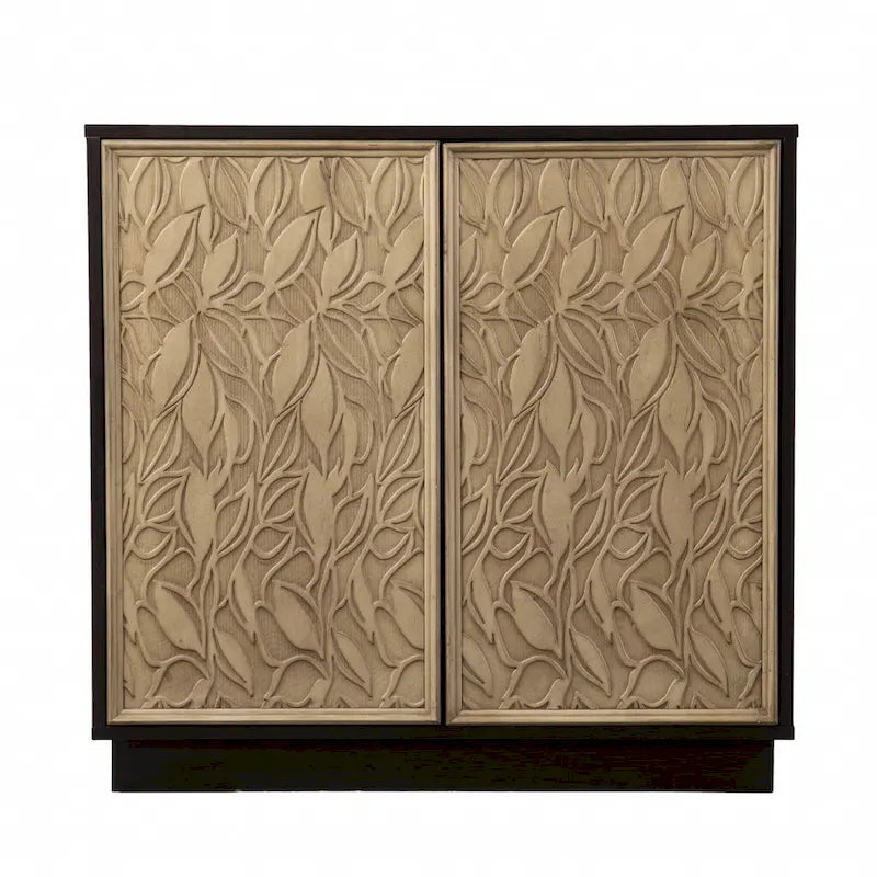 Dunkelbraunes und naturfarbenes Sideboard mit geschnitztem Blumenmuster und zwei Türen