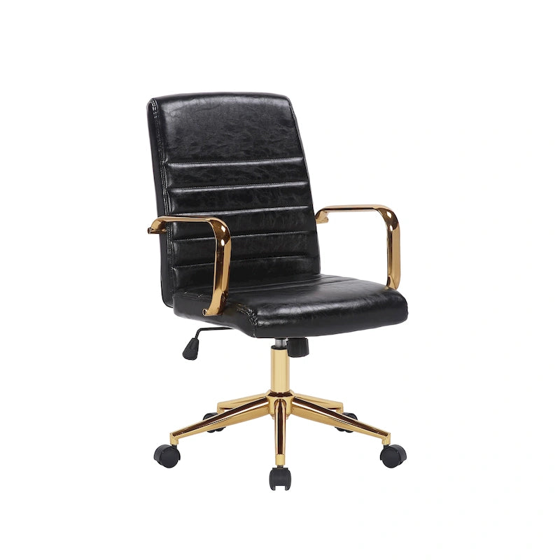 PU Leather Swivel Office Chair with Gold Armrests and Roller Wheels