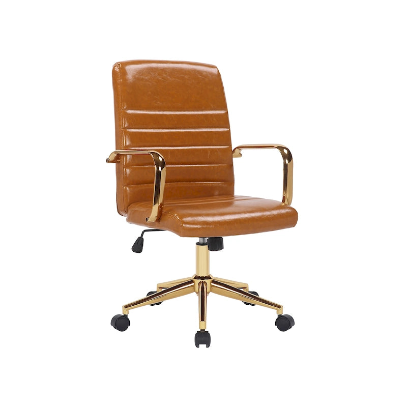 PU Leather Swivel Office Chair with Gold Armrests and Roller Wheels