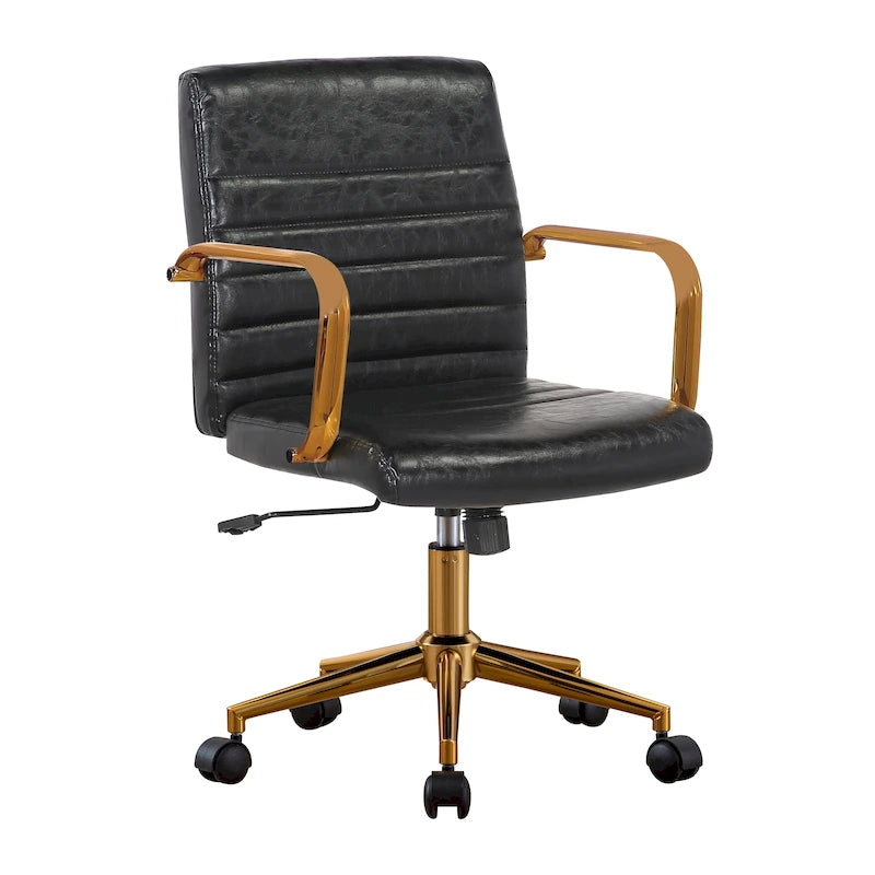 PU Leather Swivel Office Chair with Gold Armrests and Roller Wheels
