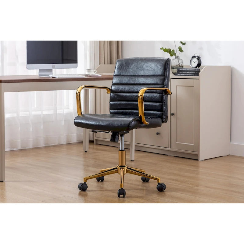 PU Leather Swivel Office Chair with Gold Armrests and Roller Wheels