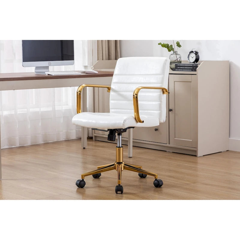 PU Leather Swivel Office Chair with Gold Armrests and Roller Wheels