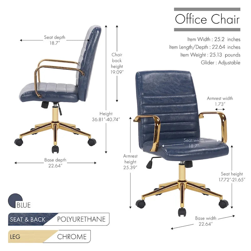 PU Leather Swivel Office Chair with Gold Armrests and Roller Wheels