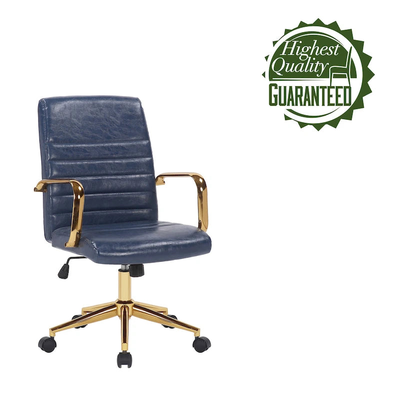 PU Leather Swivel Office Chair with Gold Armrests and Roller Wheels