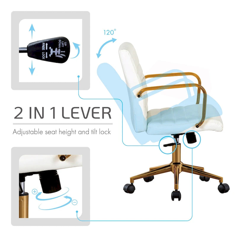 PU Leather Swivel Office Chair with Gold Armrests and Roller Wheels